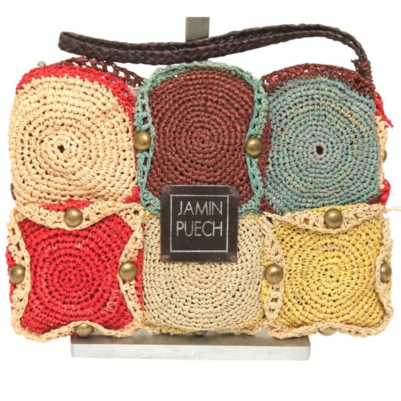 JAMIN PUECH Raffia Leather Bag Wristlet Wrist Strap Tan Red Brown Green - Picture 1 of 5